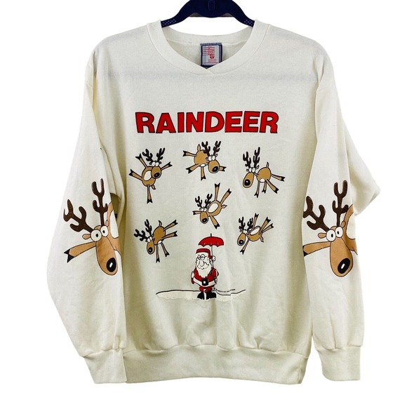 Vtg Womens M Raindeer Christmas Sweatshirt Santa Raining Reindeer Umbrella 1988 - Picture 1 of 12